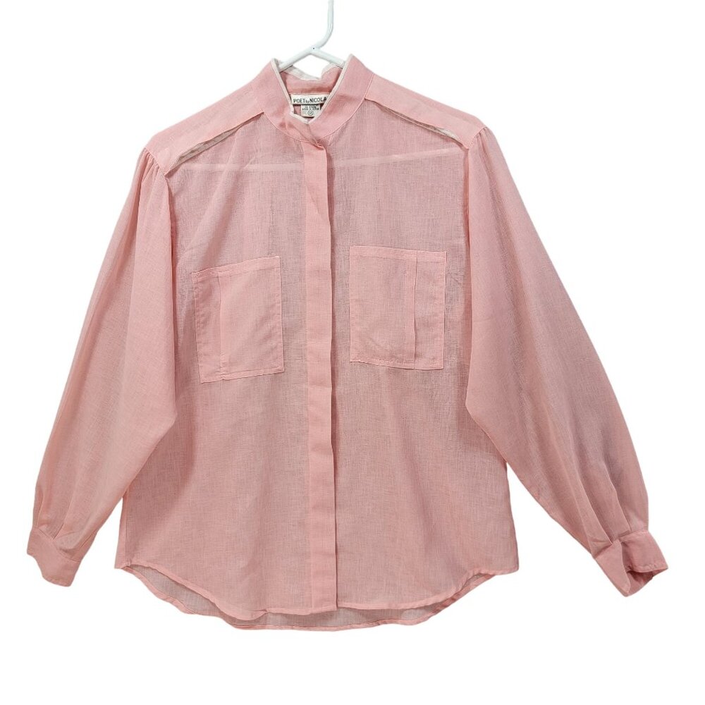 Poet by Nicola Blouse Womens 12 Pink Sheer Button Pockets Barbie Lightweight Vtg